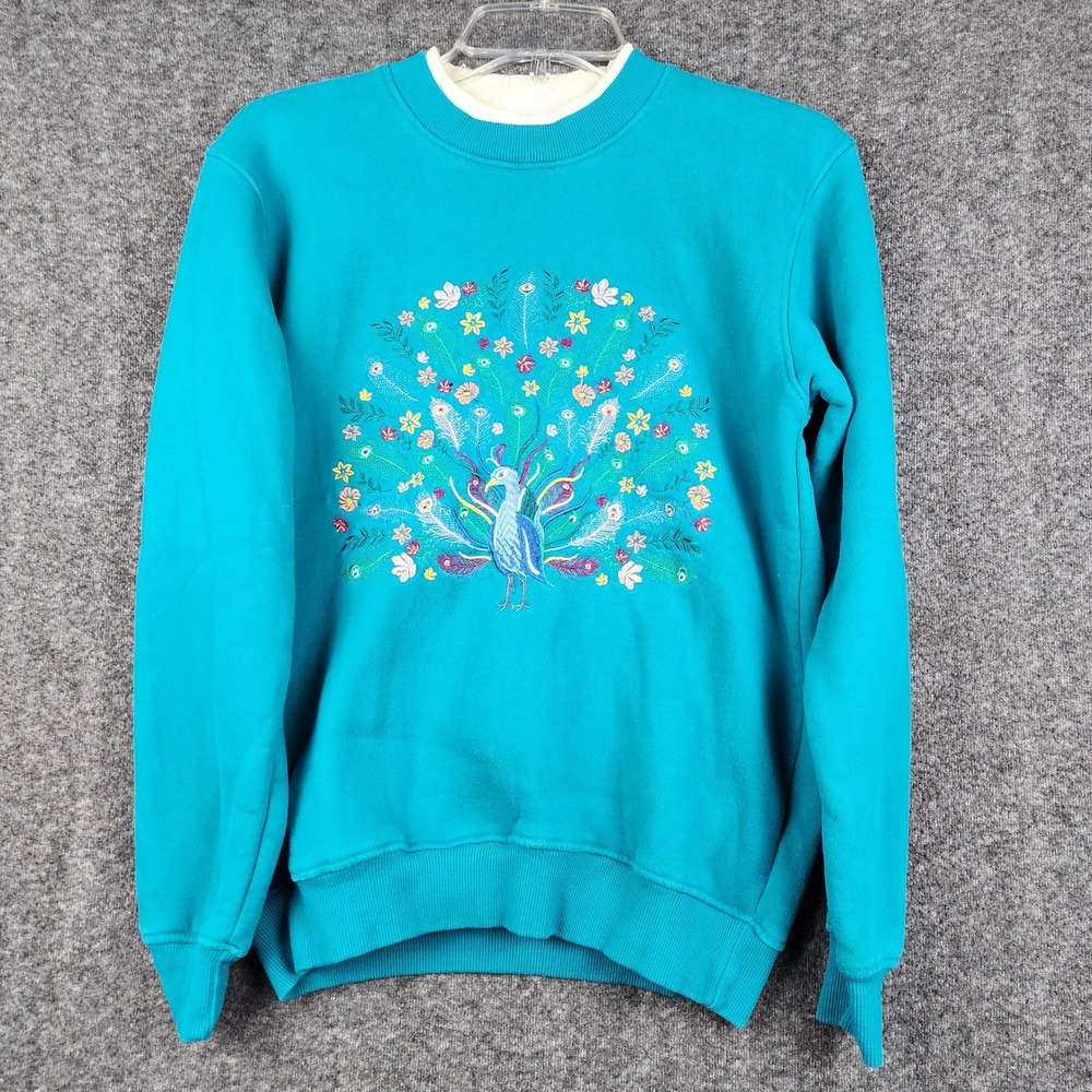 King Universal‎ Peacock Embroidered Sweatshirt Womens Small Teal Vintage Style